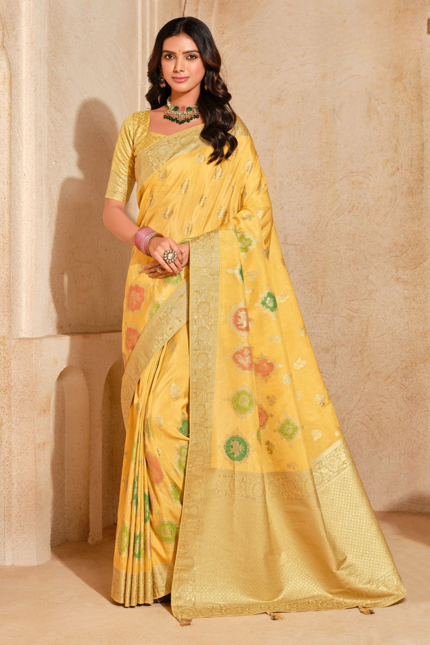 Yellow Banarasi Silk Saree Gold Zari Floral Butti Weaving Traditional Border