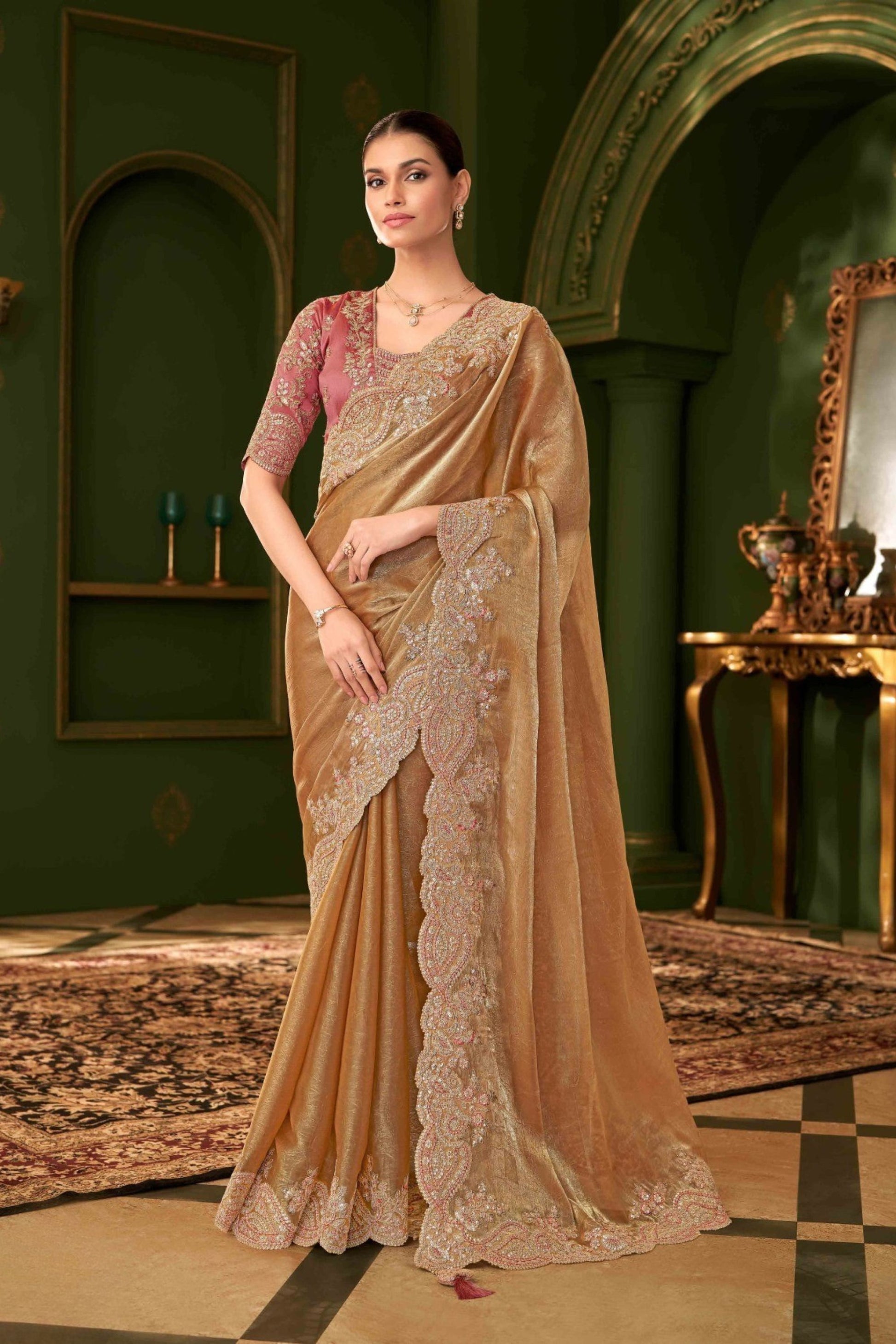 Golden Velvet Saree Pink Designer Blouse Reception Wear