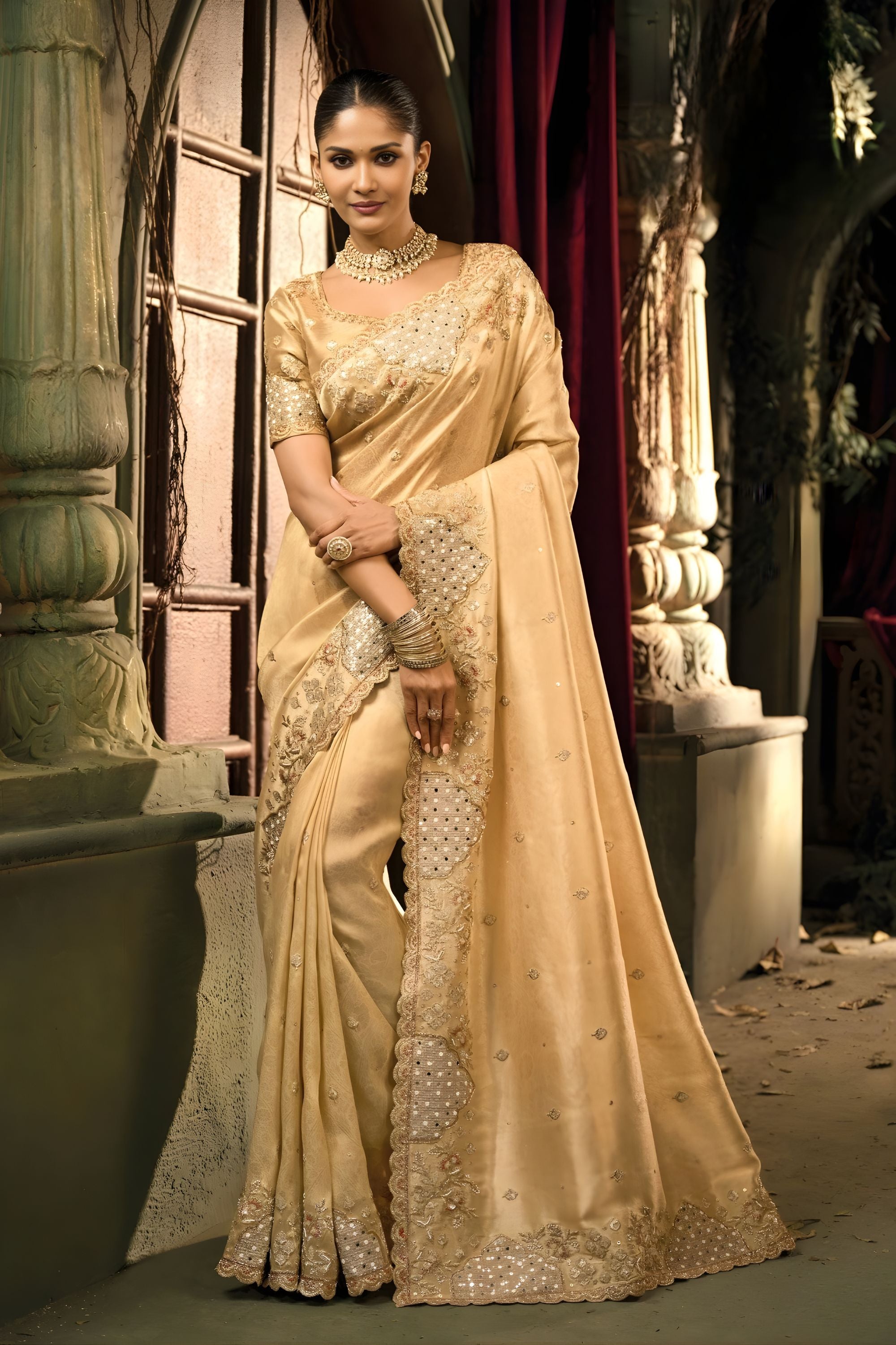 Golden Beige Organza Silk Saree Heavy Zari Sequin Embroidery Designer –  Mangaldeep NX