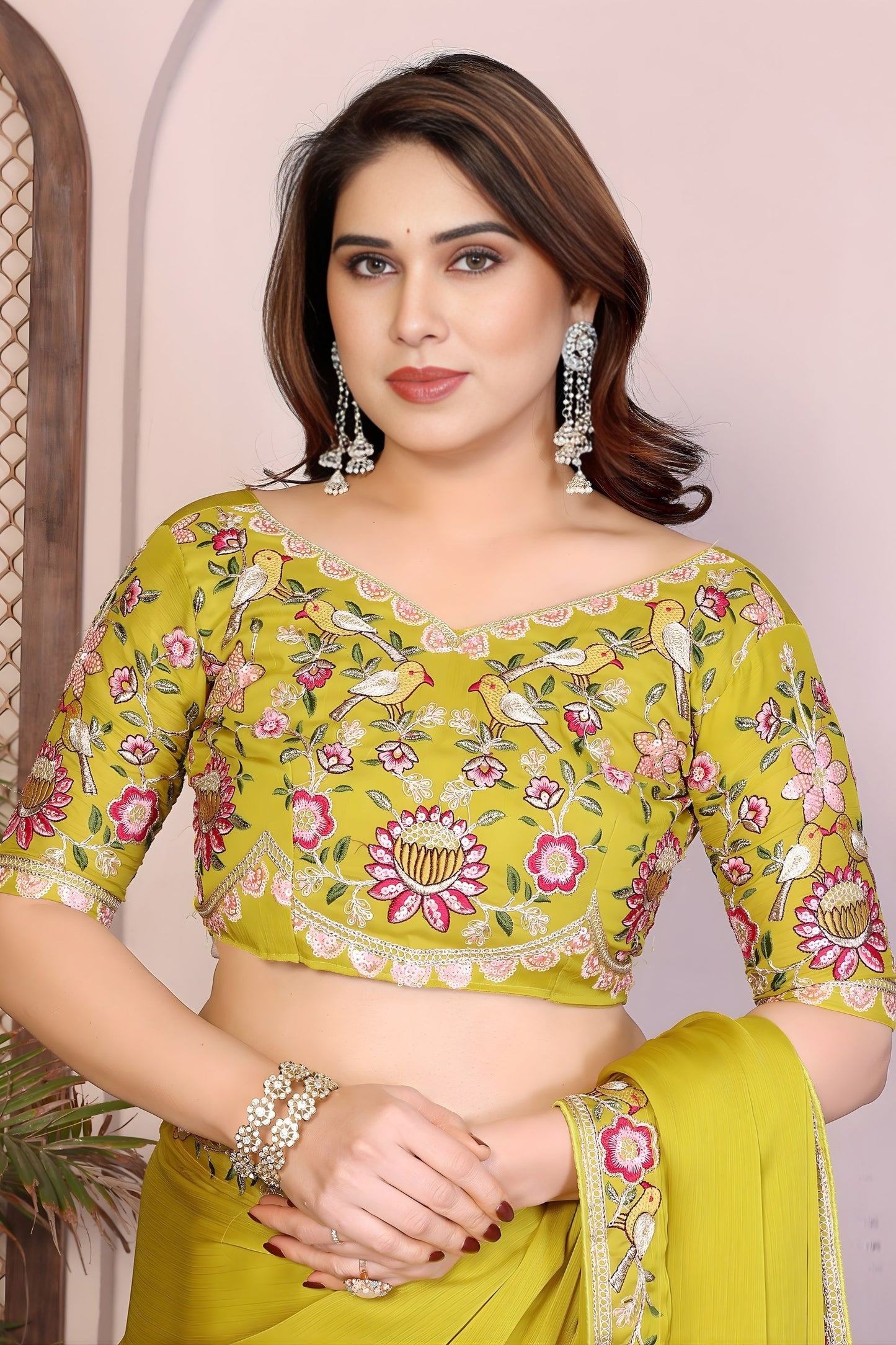 Lime Green Silk Saree with Floral Embroidered Border Designer Blouse