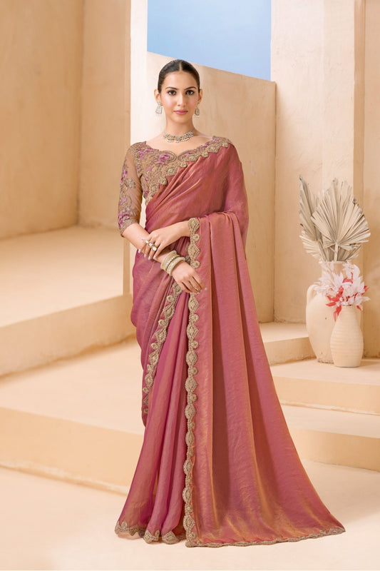 Peach Pink Silk Saree Designer Embroidered Border Party Wear Saree