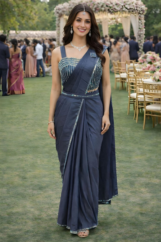 Navy Blue Georgette Saree with Embellished Designer Blouse