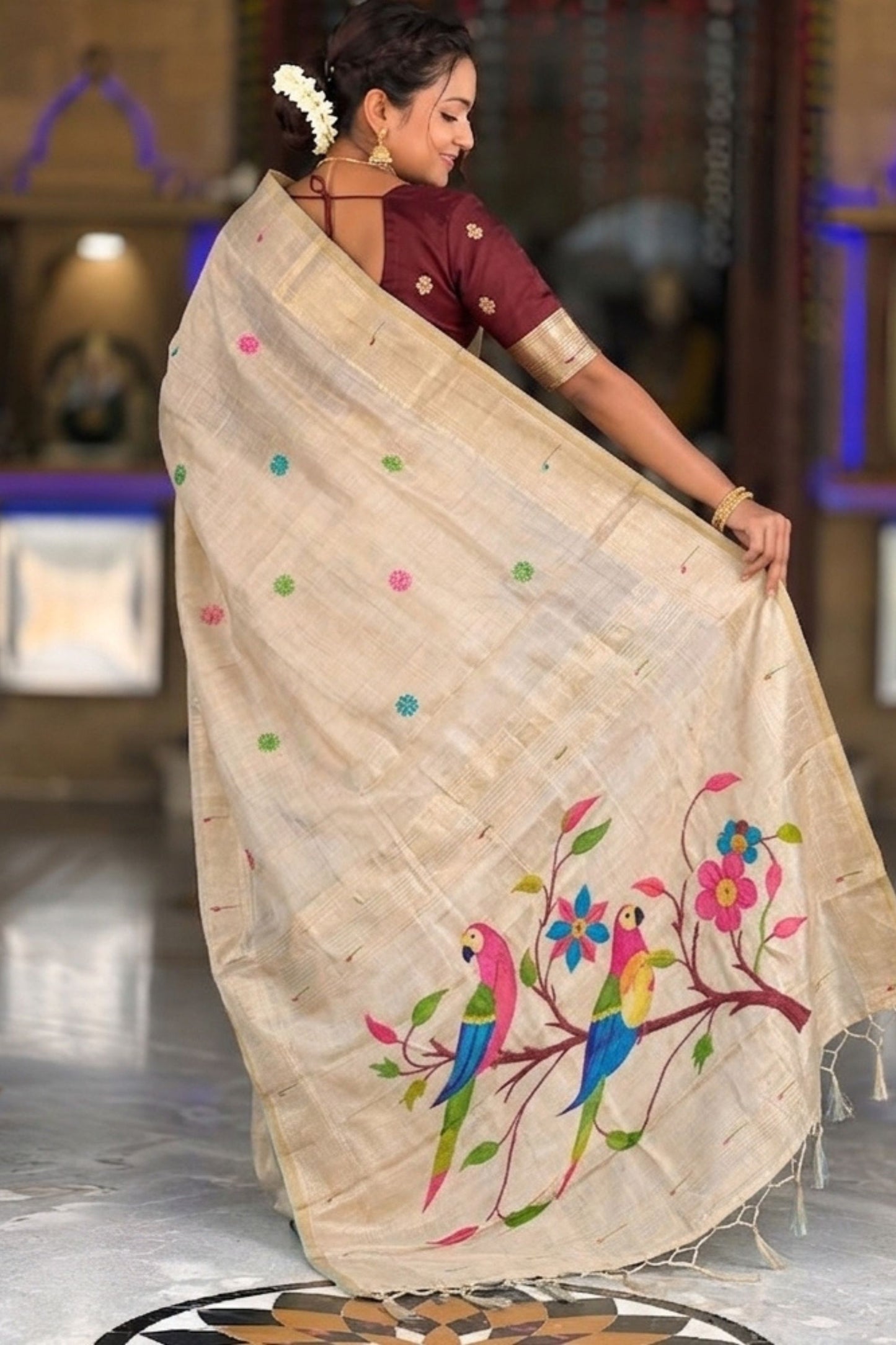 Cream Beige Tussar Silk Saree Multicolor Floral Embroidery Designer Pallu