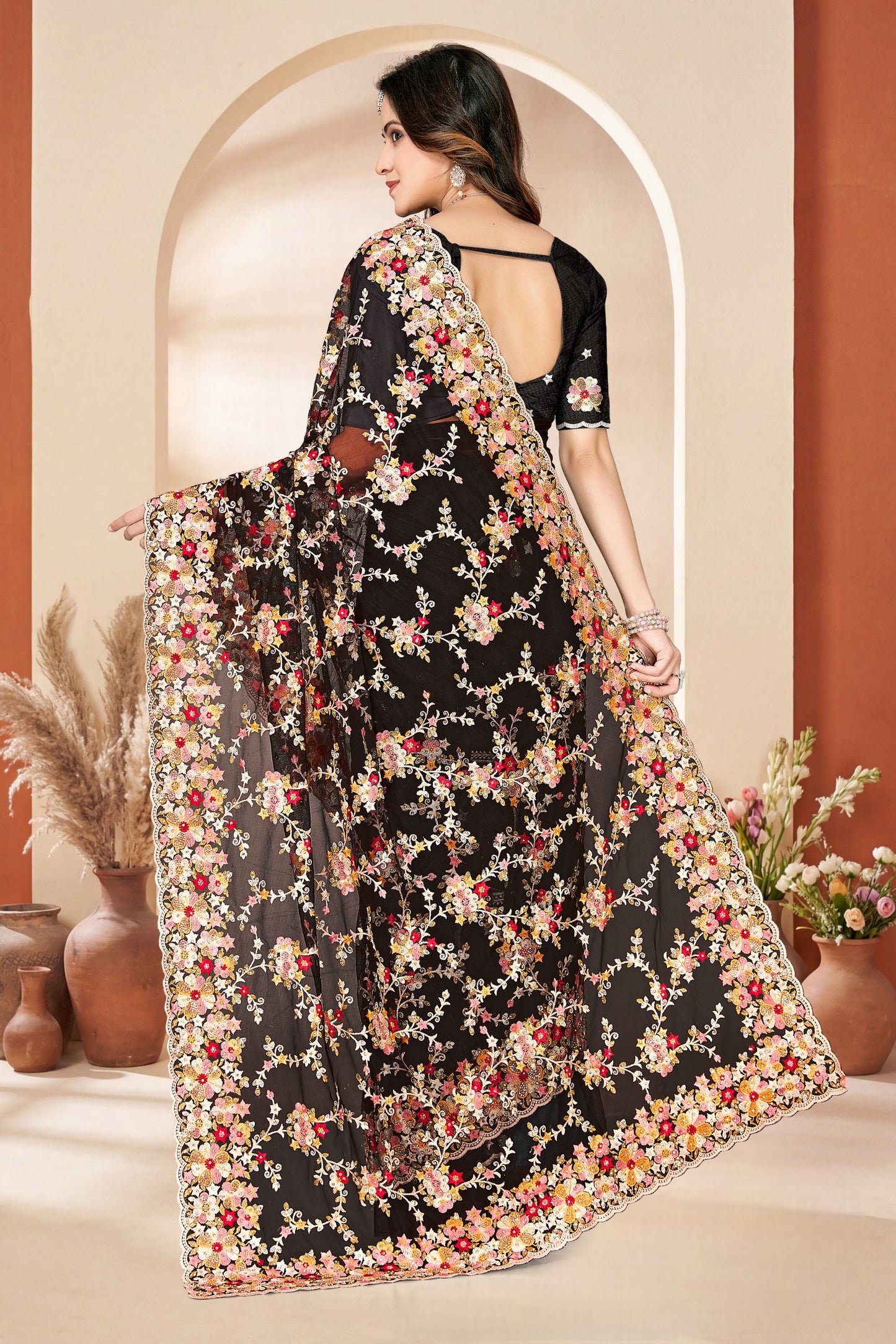 Black Net Embroidered Floral Designer Saree with Scalloped Border Blouse
