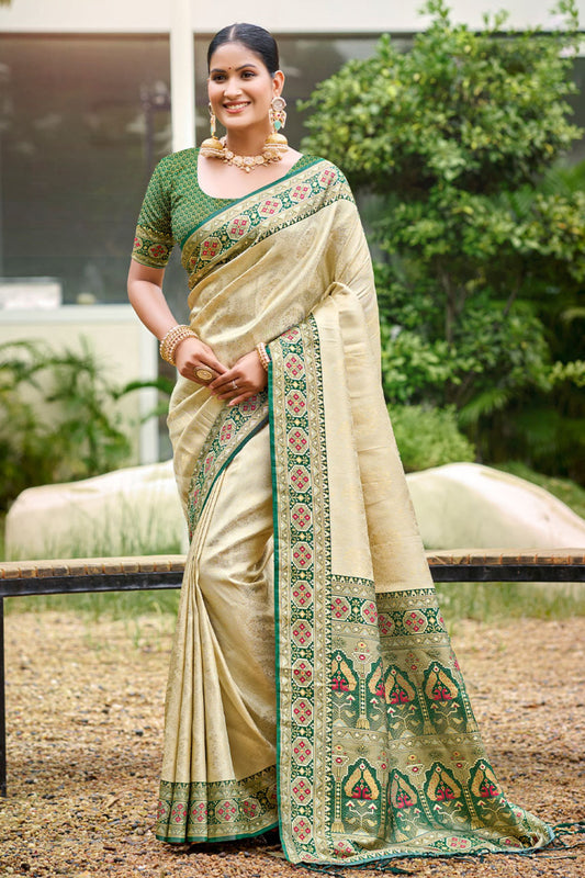 Golden Beige Silk Saree Green Woven Border Traditional Banarasi Pallu