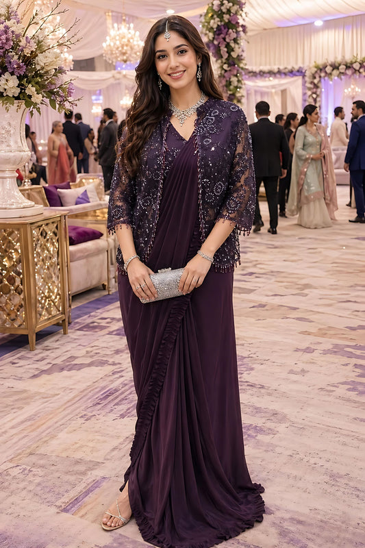 Wine Purple Designer Ruffle Saree Sequins Embroidered Jacket Saree