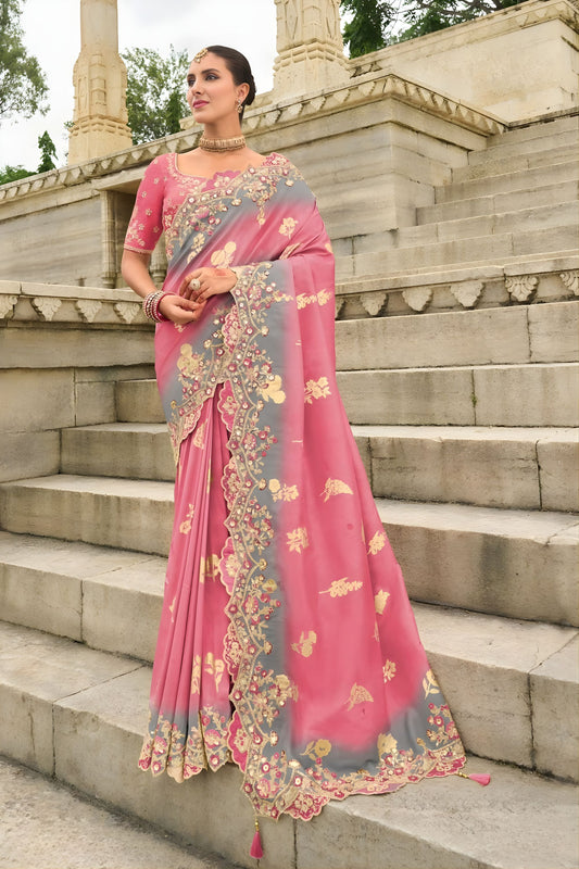 Pink Embroidered Organza Silk Saree with Designer Cutwork Border