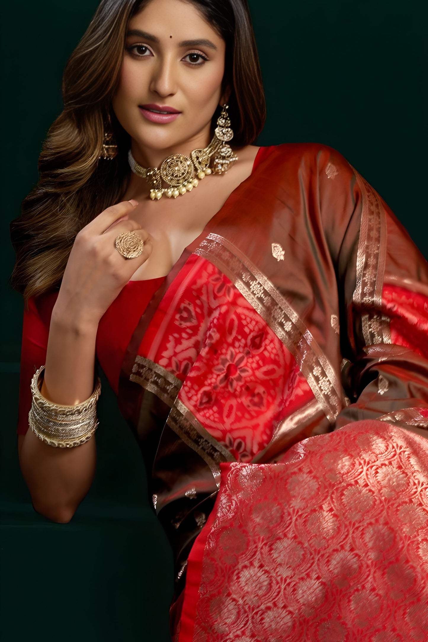Luxury Red Coffee Brown Soft Silk Saree with Zari Woven Border