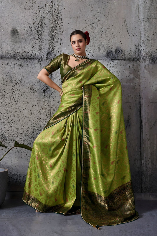 Olive Green Silk Saree with Golden Zari Border Traditional Saree