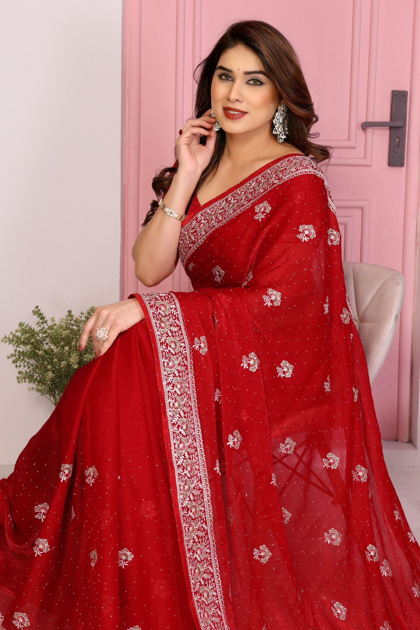 Elegant Red Embroidered Saree with Blouse Party Wear