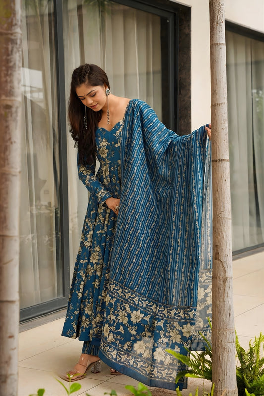 Trendy Teal Blue Muslin Digital Printed Anarkali Salwar Suit with Dupatta