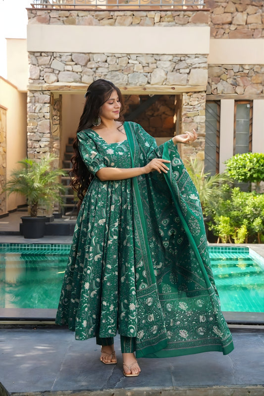 Simply Green Muslin Digital Printed Anarkali Salwar Suit with Dupatta