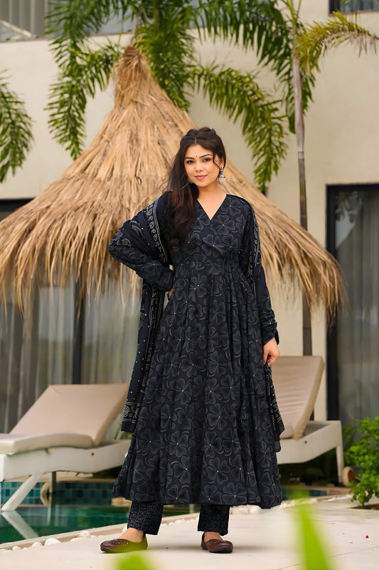 Stunning Black Muslin Digital Floral Printed Anarkali Salwar Suit with Dupatta