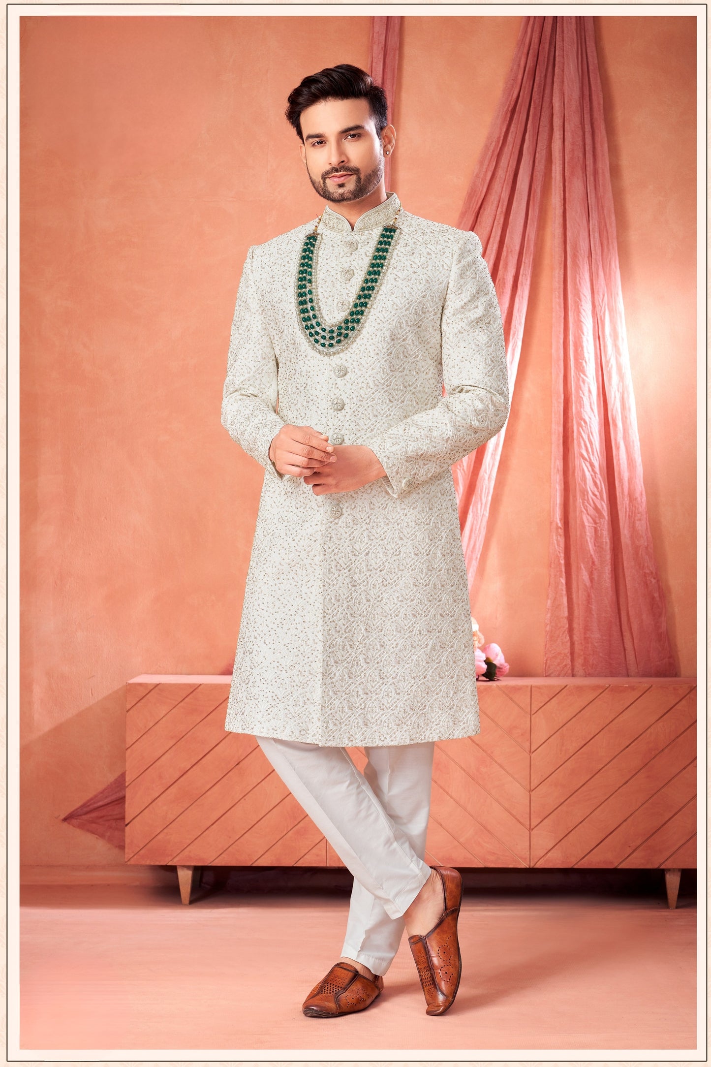 Premium Off-White Art Silk Heavy Embroidered Sherwani for Men with Pyjama for Wedding