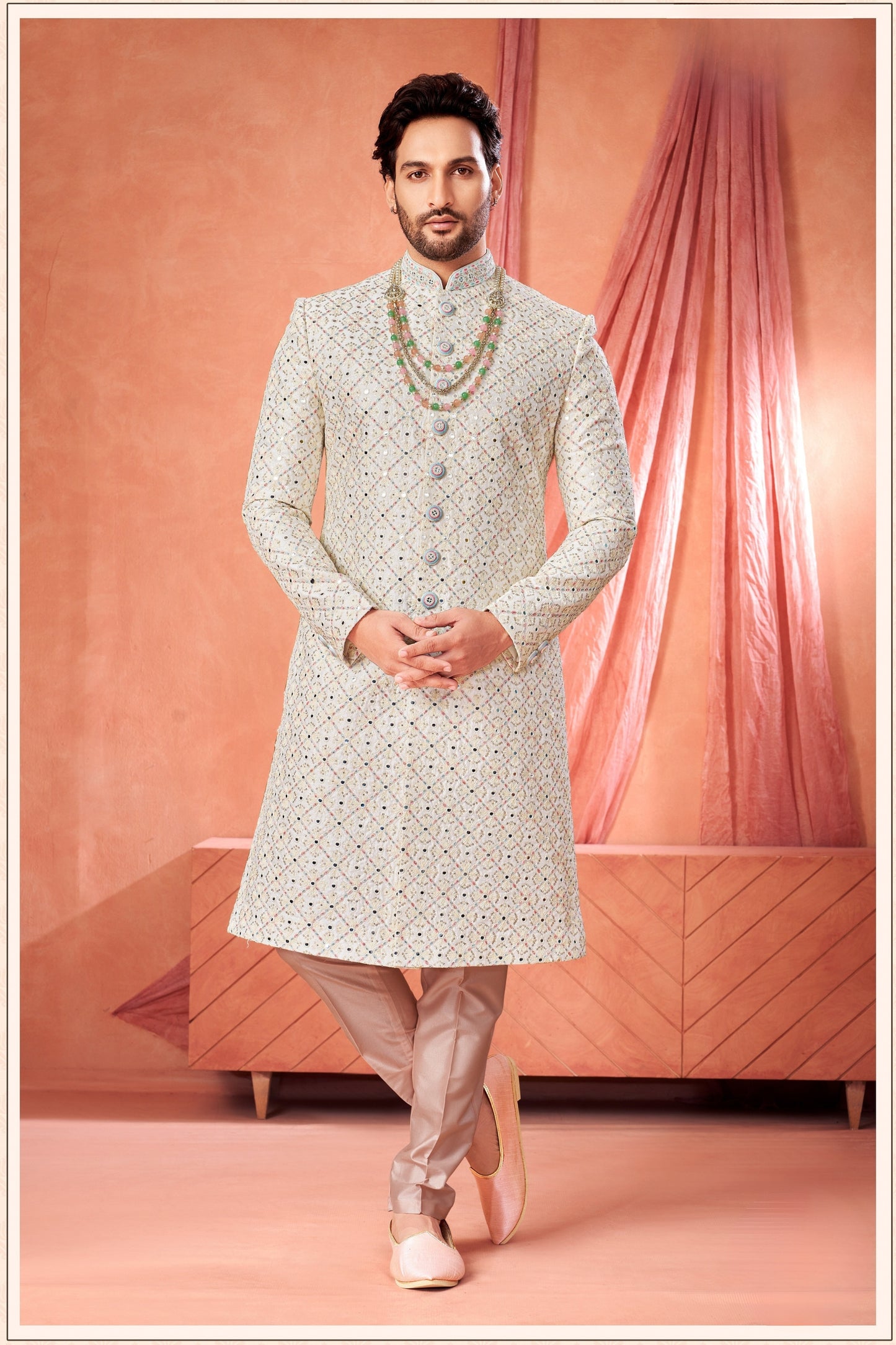 Elegant Off-White Art Silk Embroidered Sherwani for Men with Pyjama for Wedding