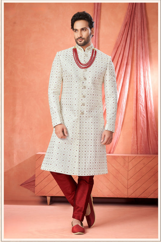 Royal Off-White Art Silk Embroidered Sherwani for Men with Maroon Pyjama for Wedding
