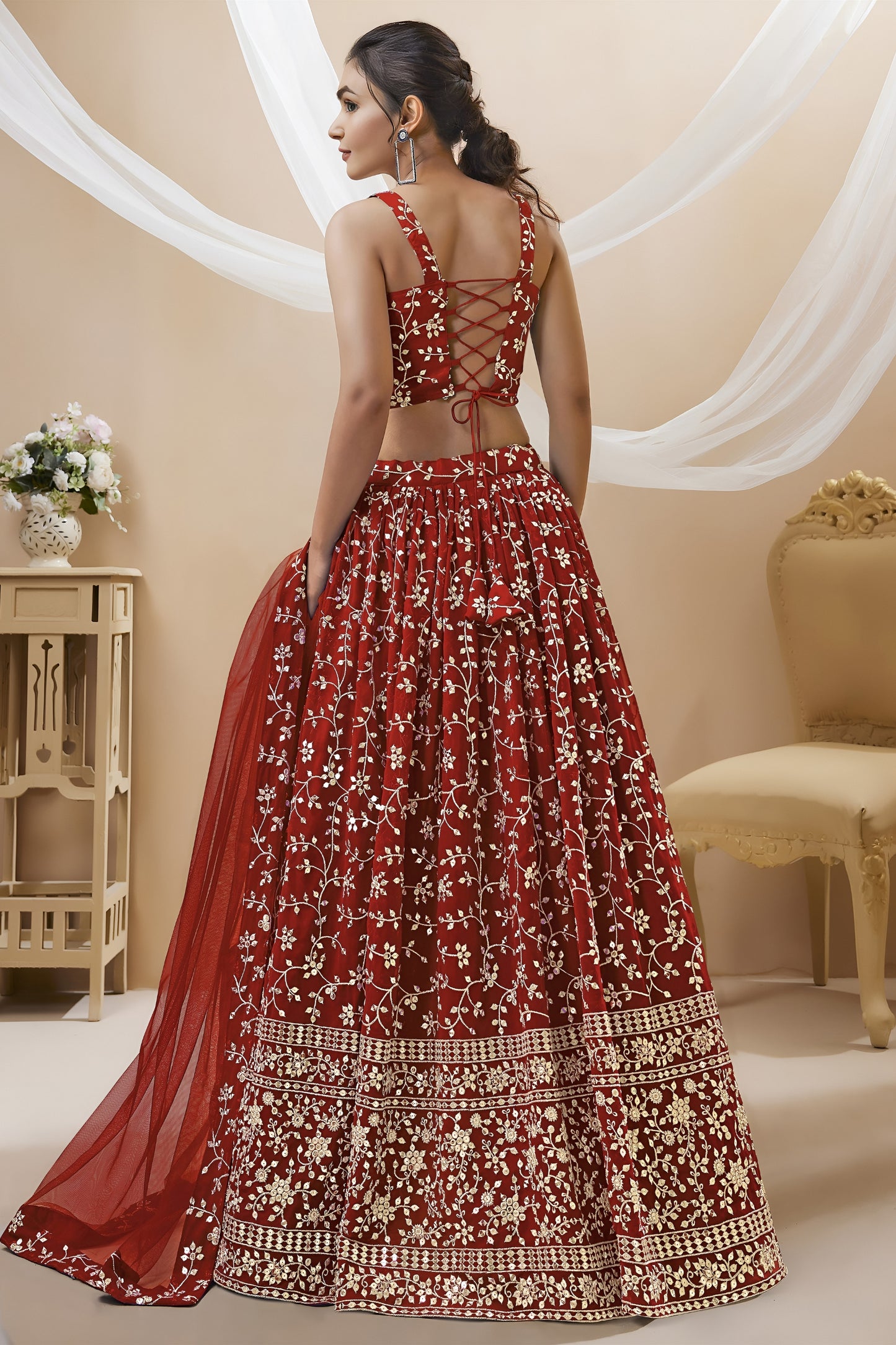 Stylish Red Georgette Designer Lehenga Choli with Embroidery Work and Matching Dupatta