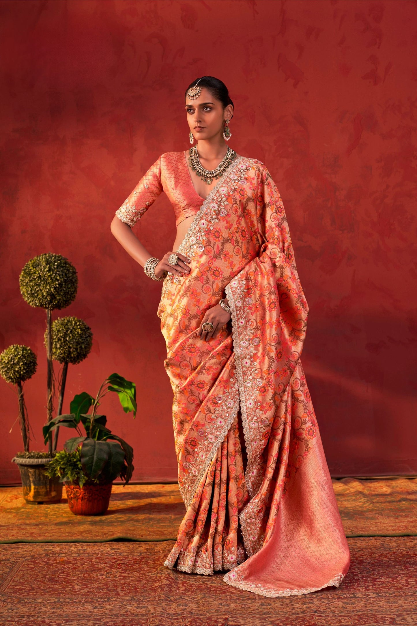 Stunning Peach Viscose Designer Saree Floral Embroidery