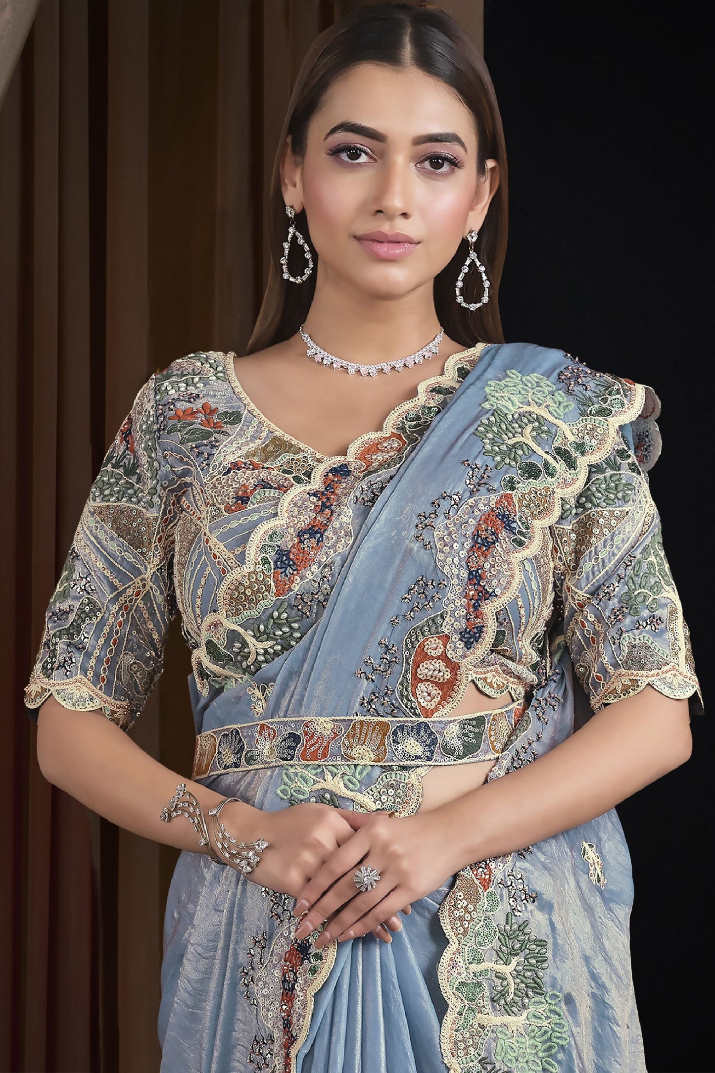 Sky Blue Designer Embroidered Silk Saree with Heavy Border Blouse