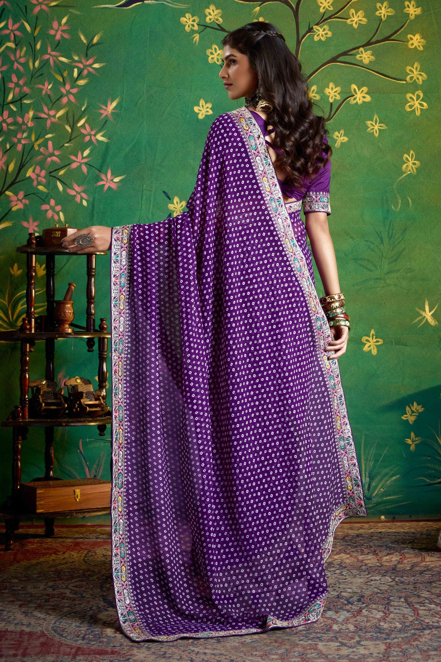 Purple Bandhani Saree with Heavy Border Designer Blouse