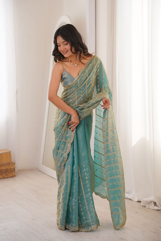 Aqua Blue Organza Silk Saree Golden Zari Embroidery Designer Blouse