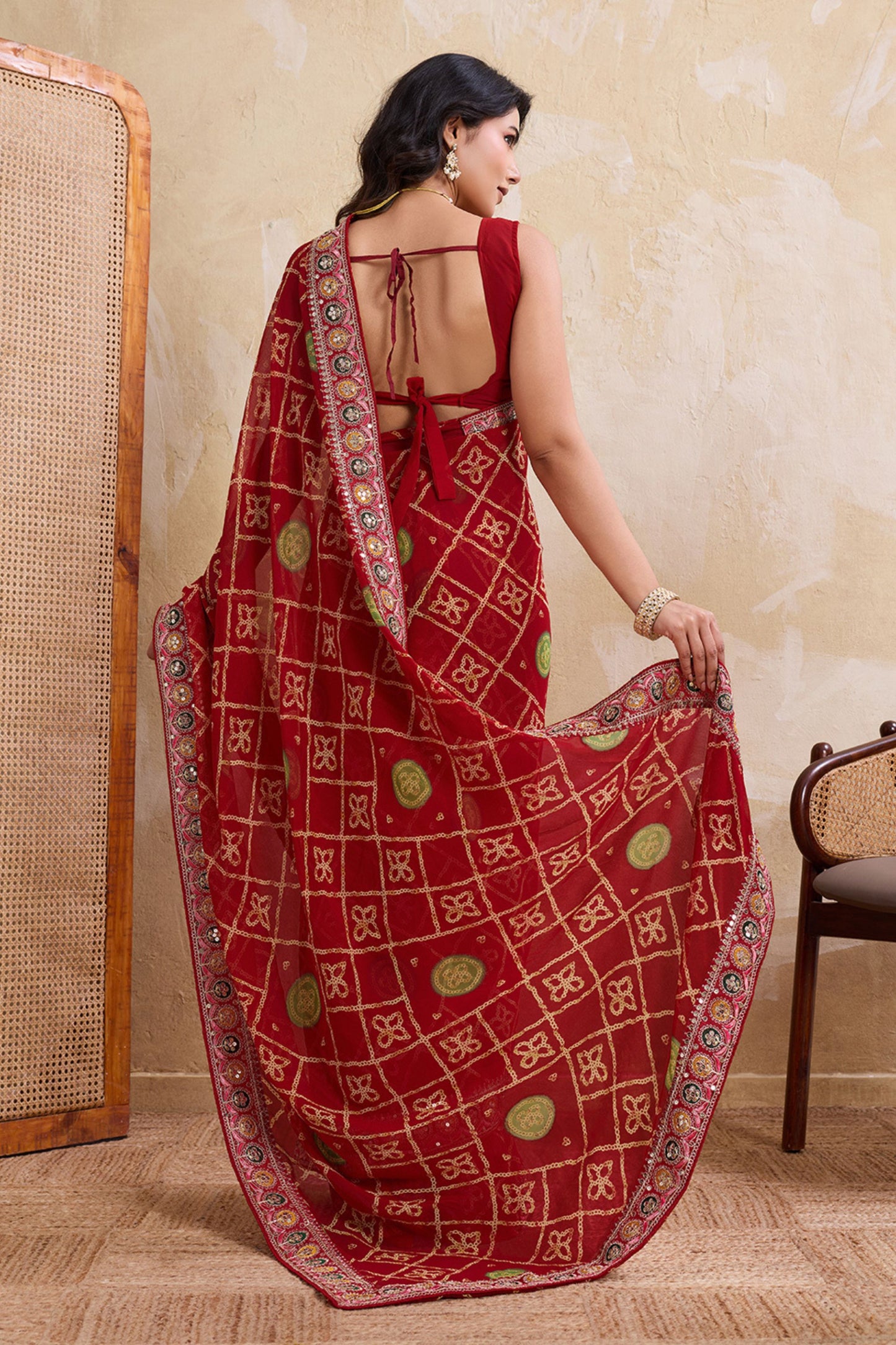 Red Printed Saree Traditional Motif Design Decorative Border