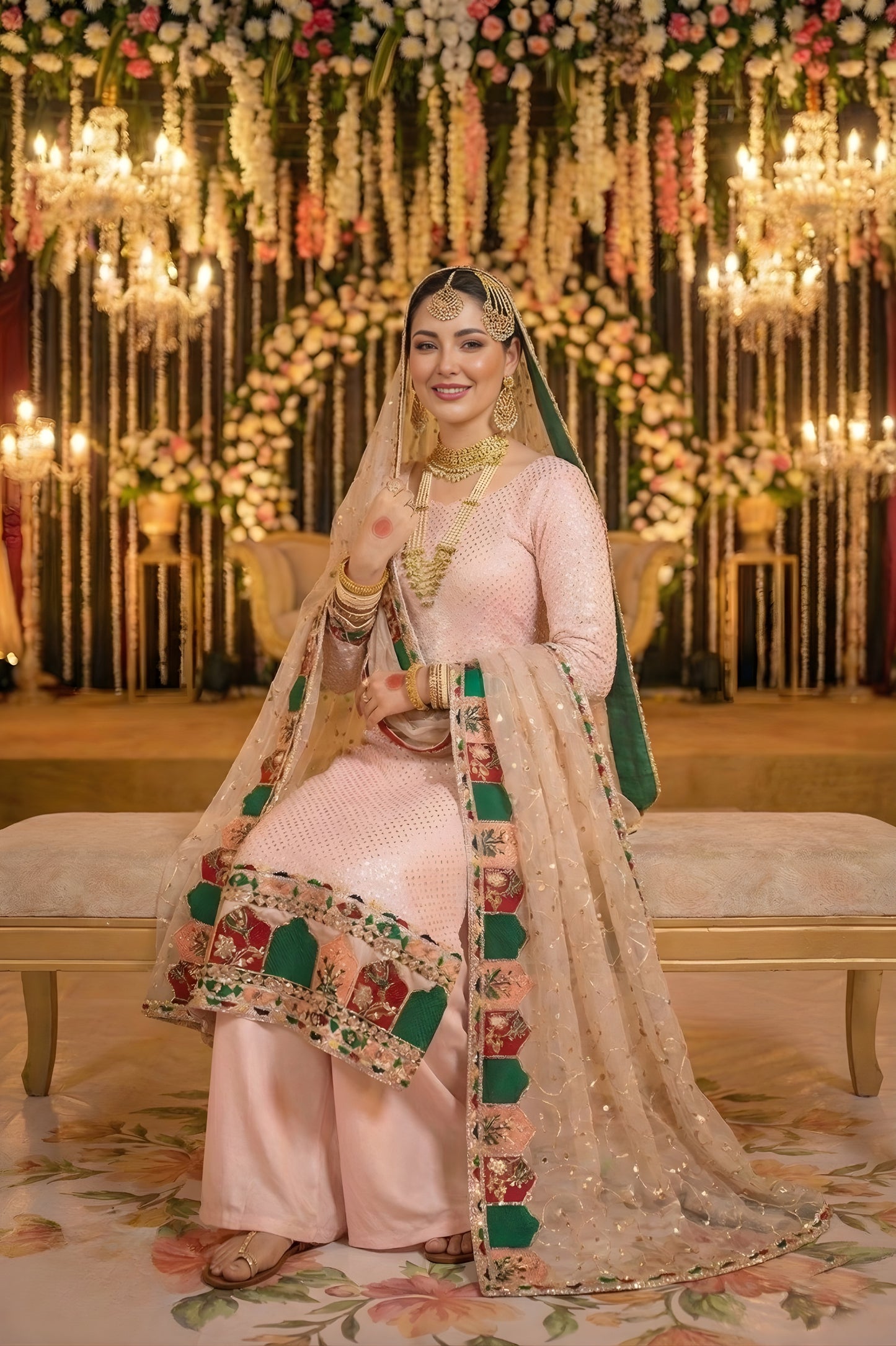 Latest Peach Heavy Embroidered Eid Special Palazzo Suit with Net Dupatta