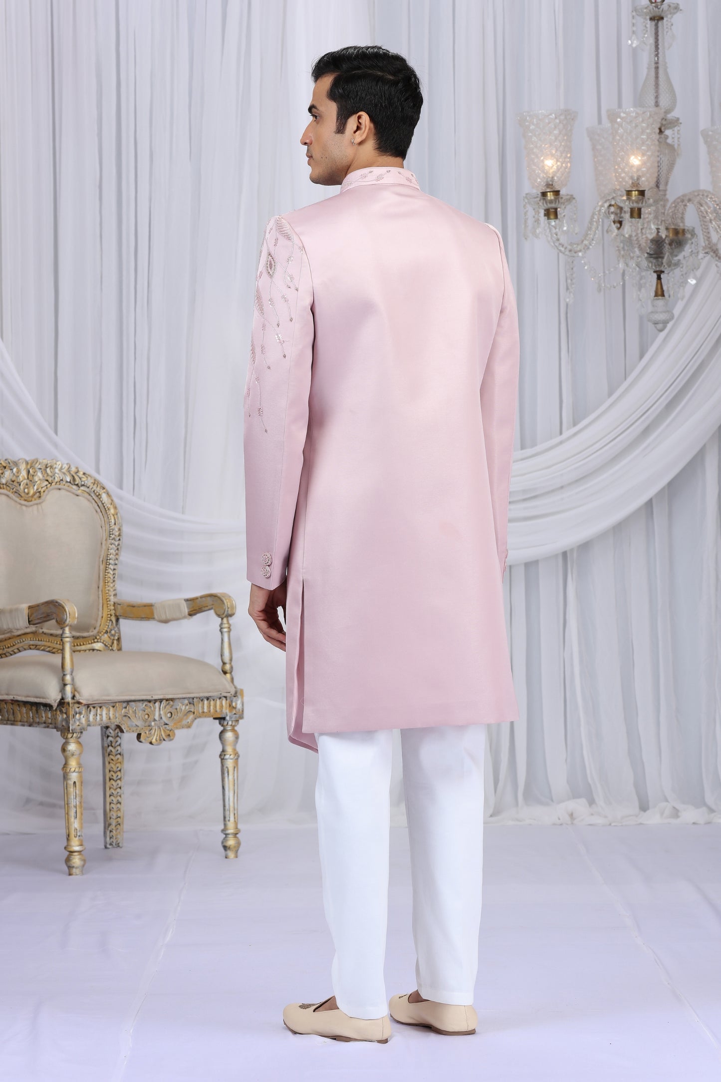 Handsome Pink Art Silk Embroidered Indo Western Sherwani for Men with White Churidar