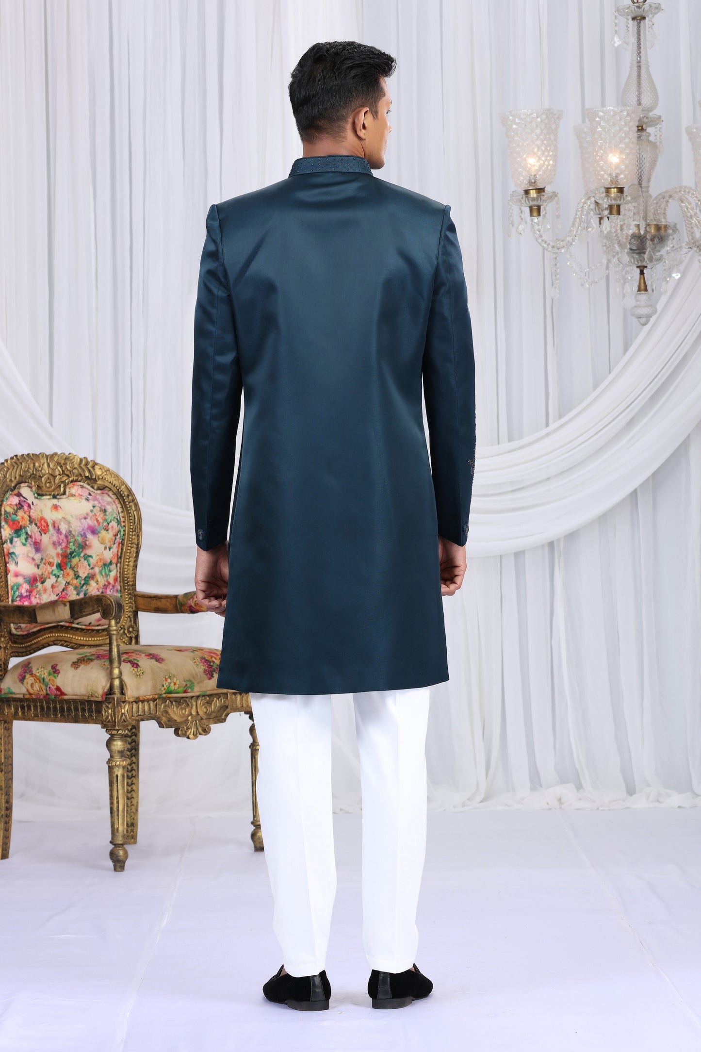 Royal Teal Blue Art Silk Embroidered Indo Western Sherwani for Men with White Churidar