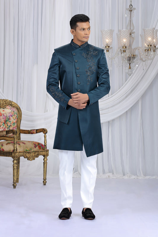 Royal Teal Blue Art Silk Embroidered Indo Western Sherwani for Men with White Churidar