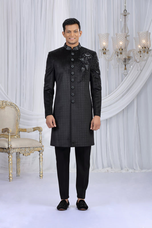 Ideal Black Velvet Embroidered Indo Western Sherwani for Men with Matching Trousers