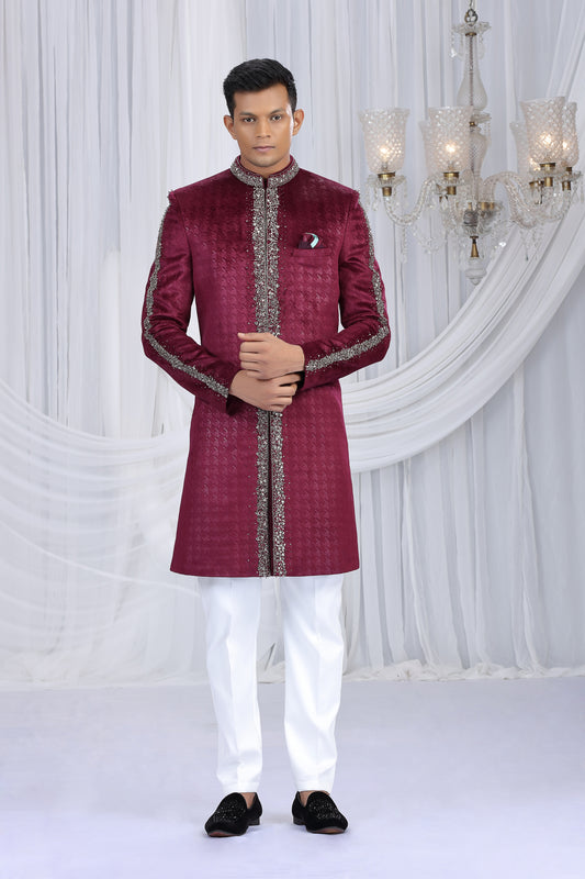 Majestic Wine Velvet Embroidered Indo Western Sherwani for Men with White Trousers