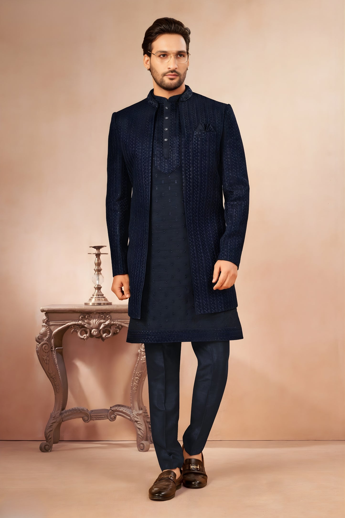 Elegant Navy Blue Art Silk Embroidered Designer Indo Western Sherwani with Jacket