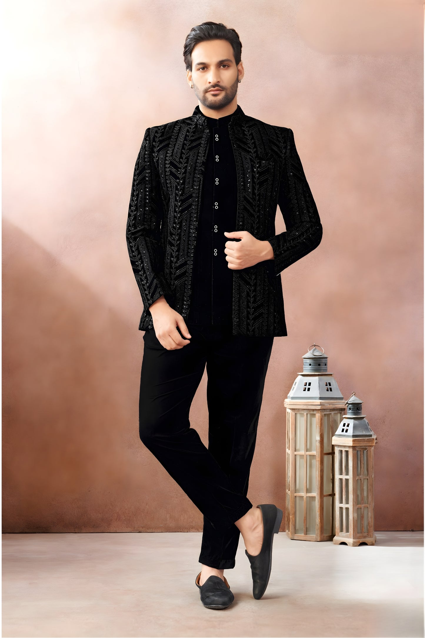Stunning Black Art Silk Embroidered Designer Indo Western Sherwani with Jacket