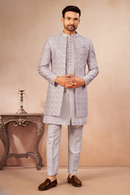 Awesome Lavender Art Silk Embroidered Designer Indo Western Sherwani with Jacket