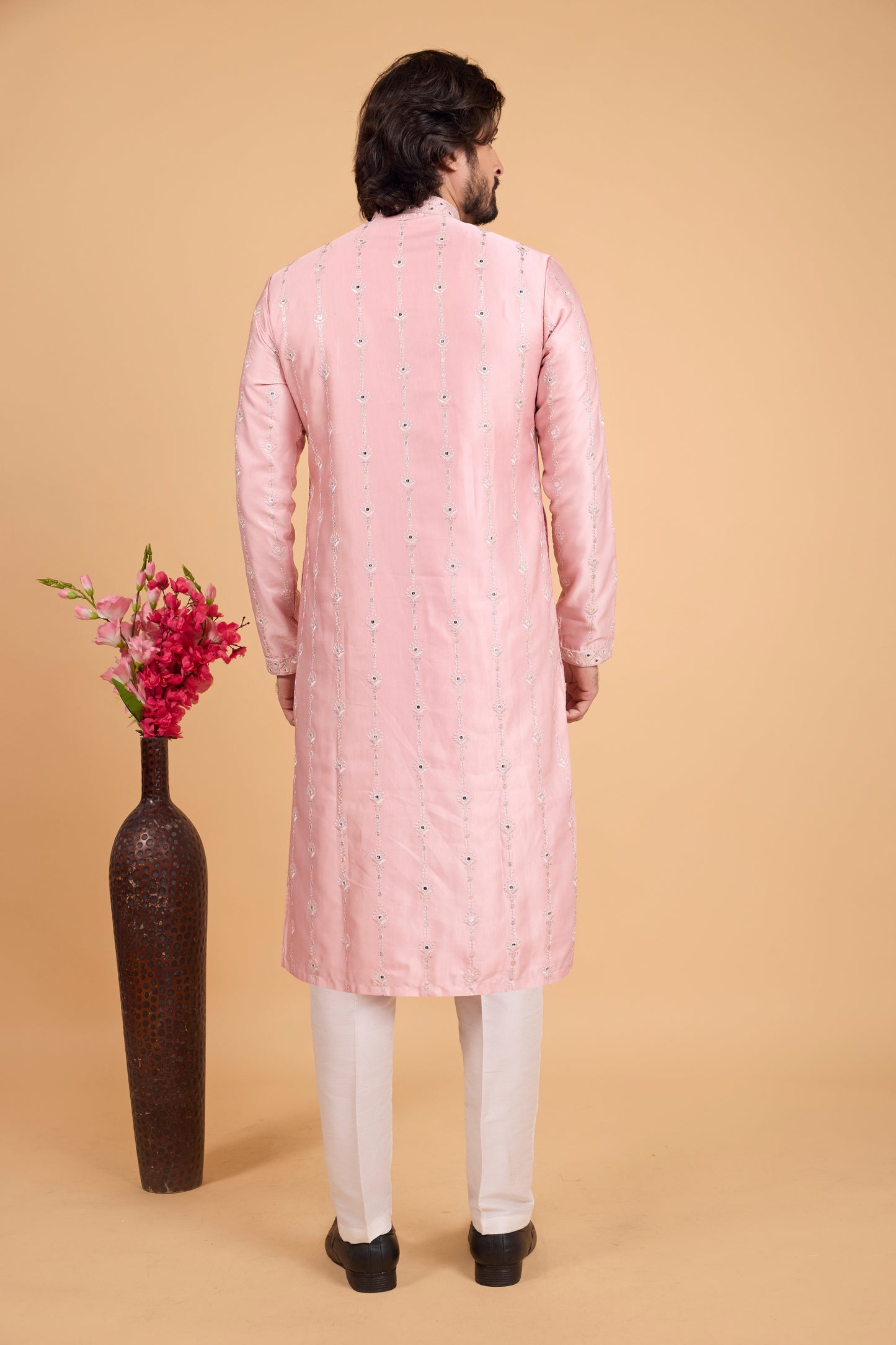 Elegant Blush Pink Art Silk Embroidered Kurta Pajama Set for Wedding