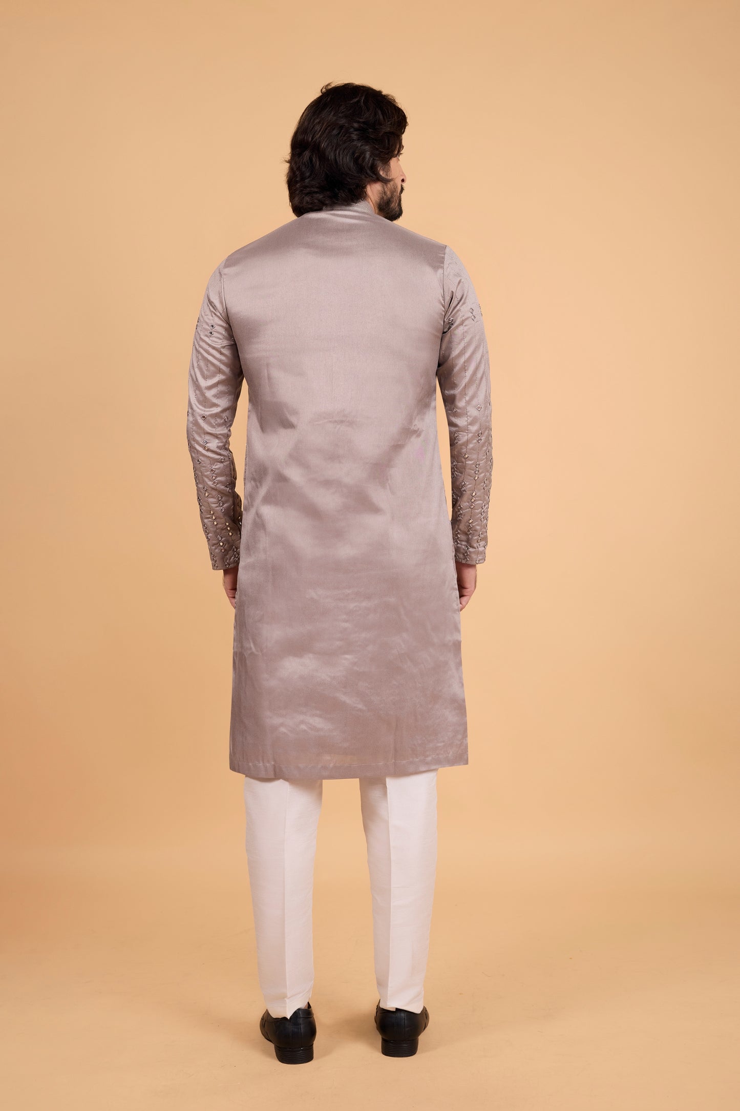 Latest Grey Art Silk Embroidered Kurta Pajama Set for Wedding