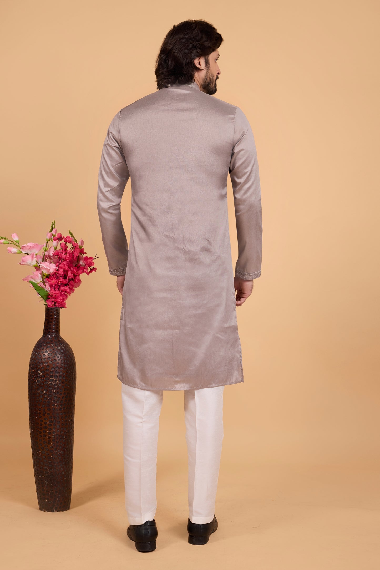 Classic Grey Art Silk Embroidered Kurta Pajama Set for Wedding