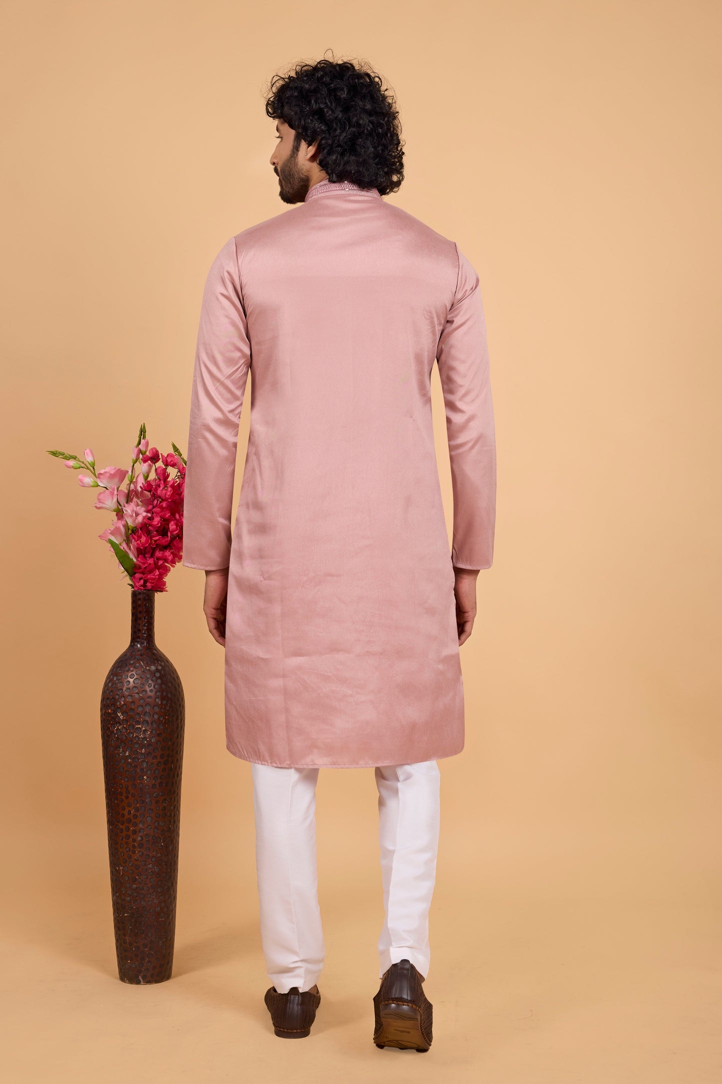 Delicate Pink Art Silk Embroidered Kurta Pajama Set for Wedding