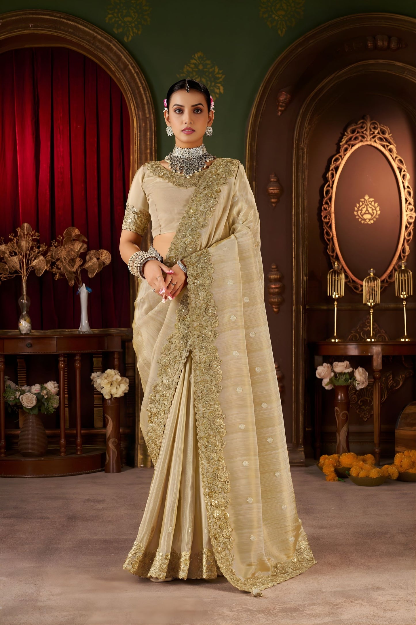 Gold Embroidered Silk Saree with Heavy Zari Border Designer Blouse