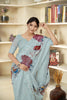 Sky Blue Linen Saree with Colorful Bird Print and Woven Detailing