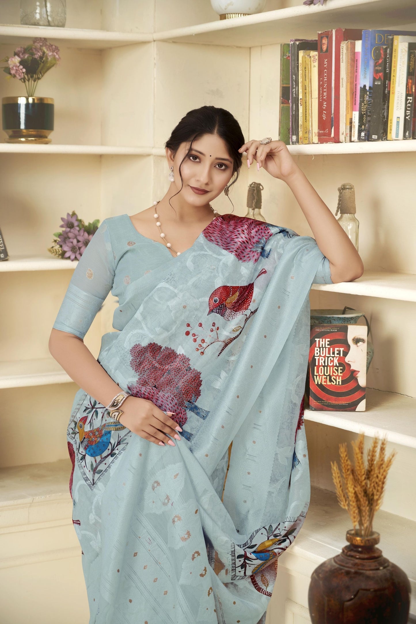 Sky Blue Linen Saree with Colorful Bird Print and Woven Detailing