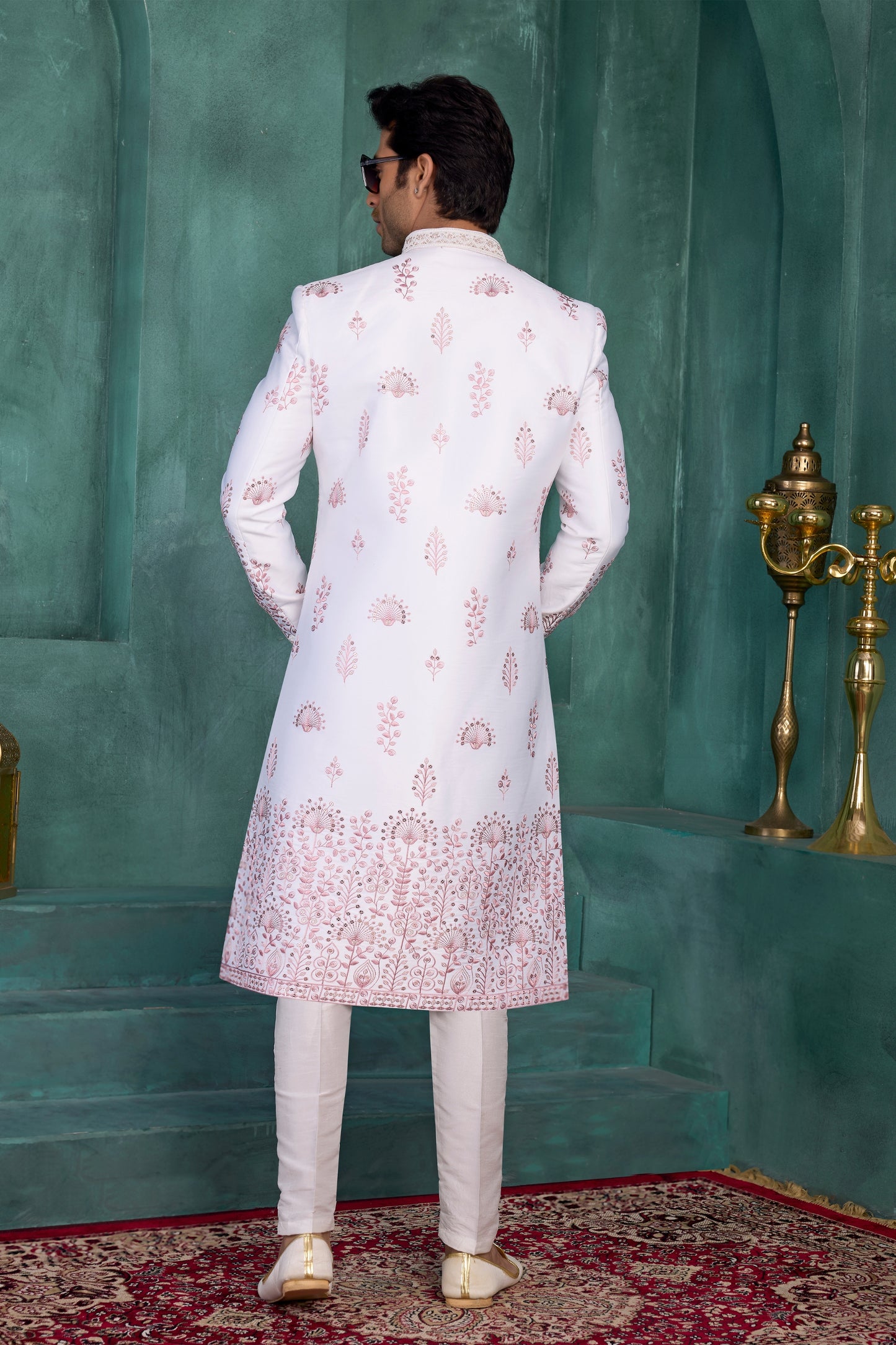 Royal Off-White Art Silk Readymade Sherwani for Men with Pink Thread Work