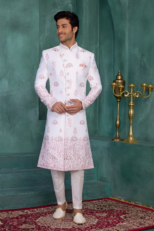 Royal Off-White Art Silk Readymade Sherwani for Men with Pink Thread Work