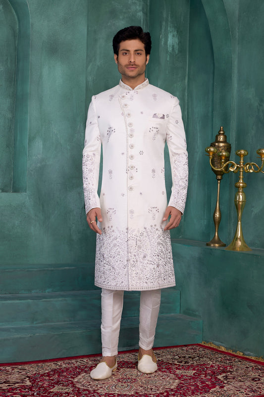 Delicate Off-White Art Silk Readymade Sherwani for Men with Thread Work