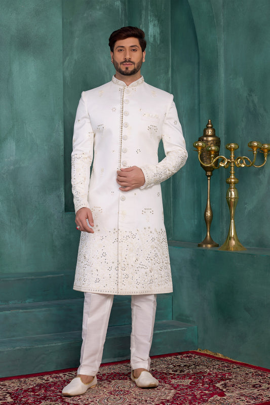 Festive Off-White Art Silk Readymade Sherwani for Men with Thread Work