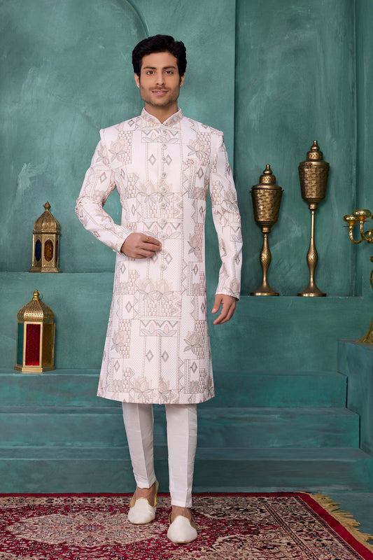 Trendy Off-White Art Silk Readymade Sherwani for Men with Thread Work