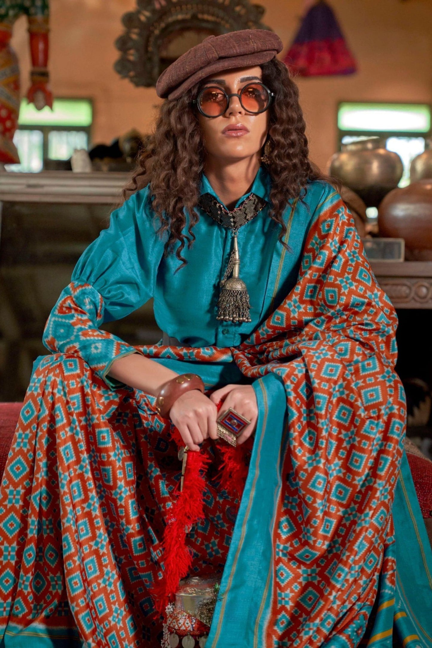 Teal Orange Ajrakh Print Silk Saree Traditional Festive Wear