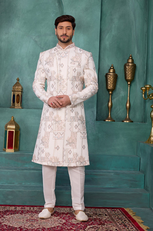 Modern Off-White Art Silk Readymade Sherwani for Men with Thread Work
