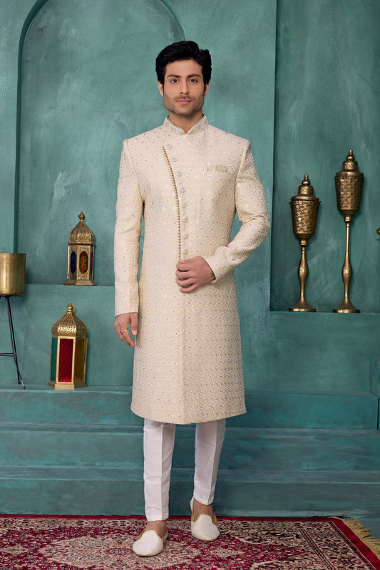 Charming Cream and Off-White Art Silk Readymade Sherwani for Men with Thread Work
